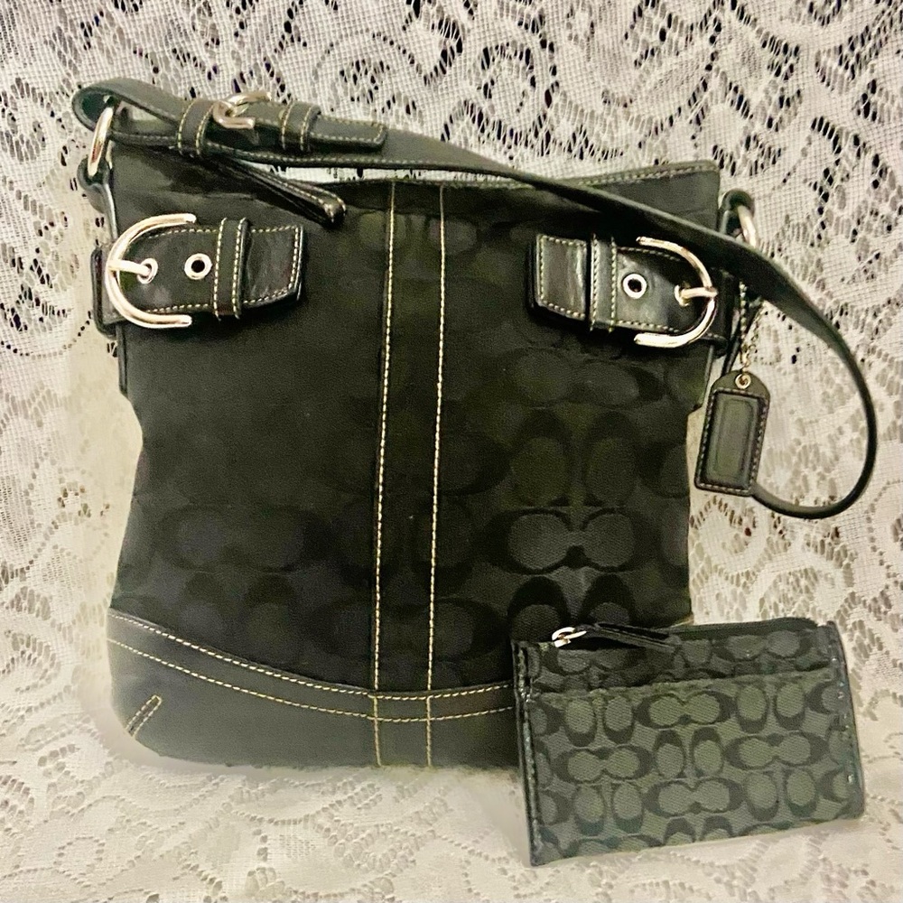 Coach- 3577 Soho Black Jacquard Signature Shoulder Bag with Key-Coin Wallet